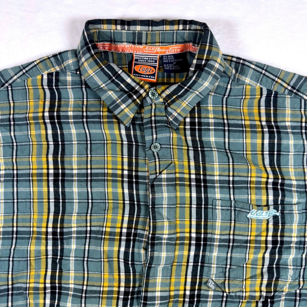 VTG Lugz Mens Short Sleeve Plaid Button Down Shirt Yellow Black Large Streetwear